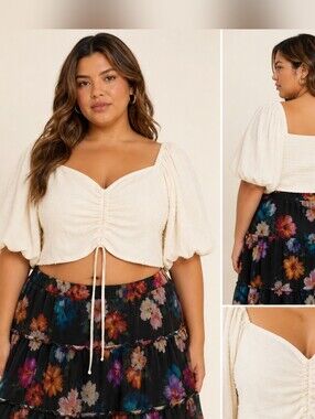 Nwt Curvzy Cream Swiss Dot Ruched Puff Sleeve Crop Top Plus Size 2XL US 16